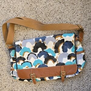 Fossil Blue and Tan Floral Canvas Messenger Bag